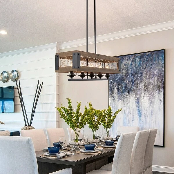 Farmhouse 32-in Linear 5-Light Wood Chandelier Rustic Island Lights