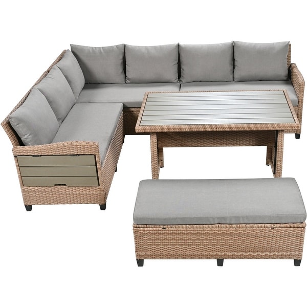 5Piece Outdoor Wicker Patio Conversation Furniture Set with Cushions，Extendable Side Tables，and Dining Table for Backyard