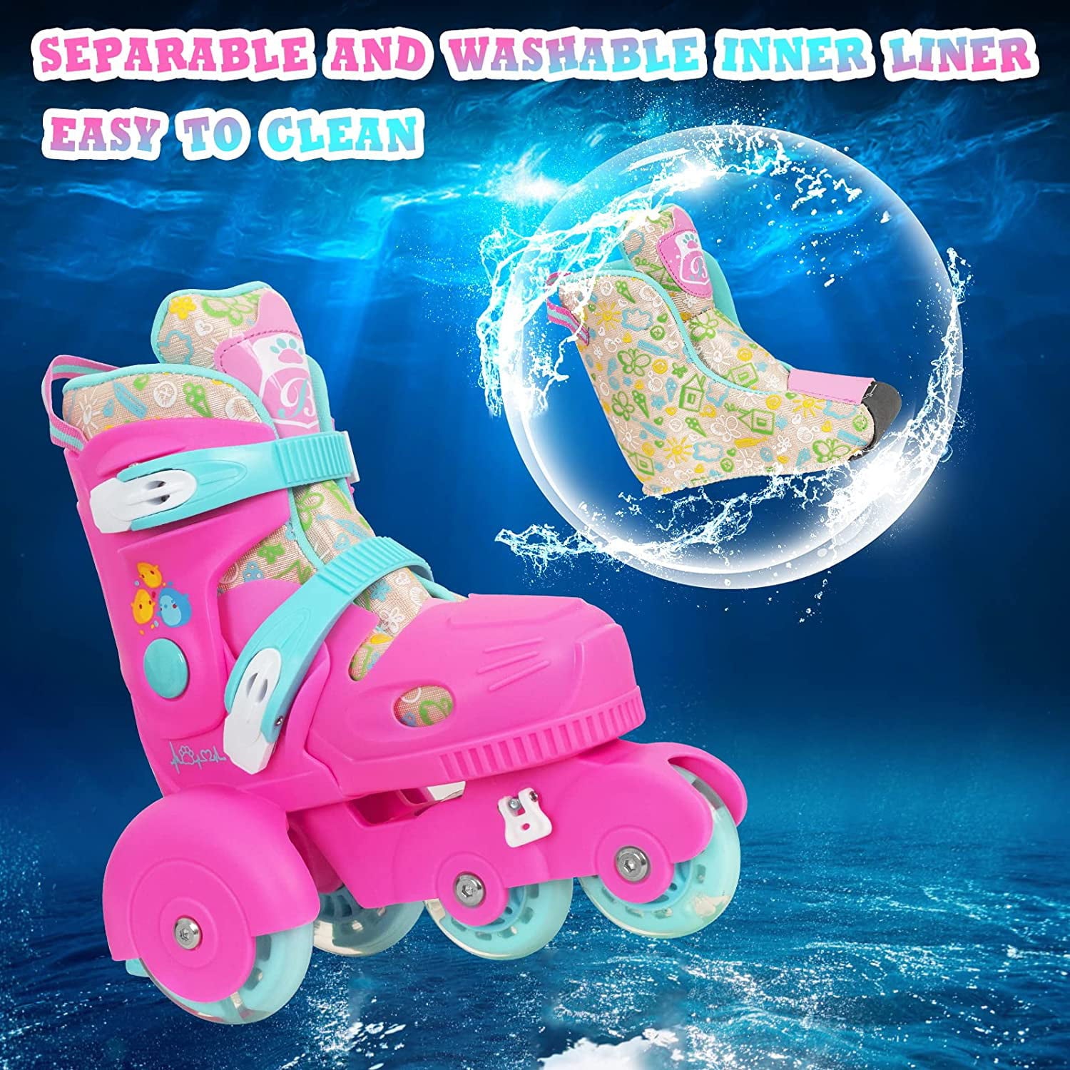 Nattork Roller Skates for Toddler Girls Boys 3-Point Balance with Light Up Wheels Princess Pink Small(11C-1)