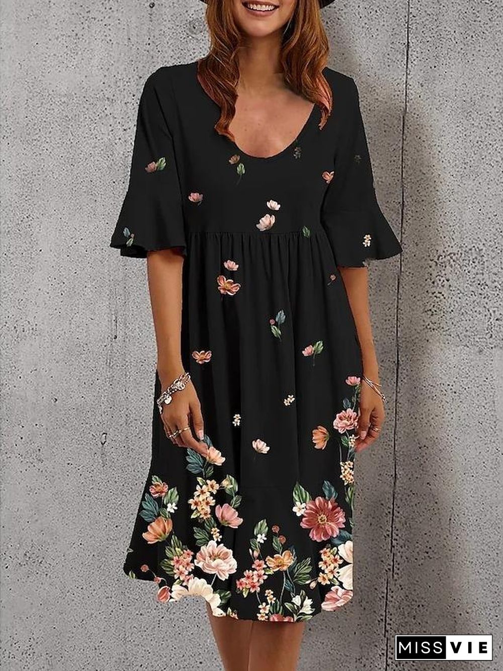 Women's Shift Dress Knee Length Dress White Black Blue Red Yellow Green Brown Rainbow Half Sleeve Floral Print Print Spring Summer V Neck Casual  S M L XL XXL 3XL