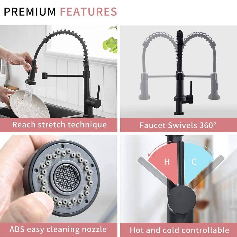 FLG Commercial Kitchen Sink Faucet with Pull Down Sprayer Spring Kitchen Faucets Single Handle Brass 1 Hole Taps Matte Black CC-0040-MB