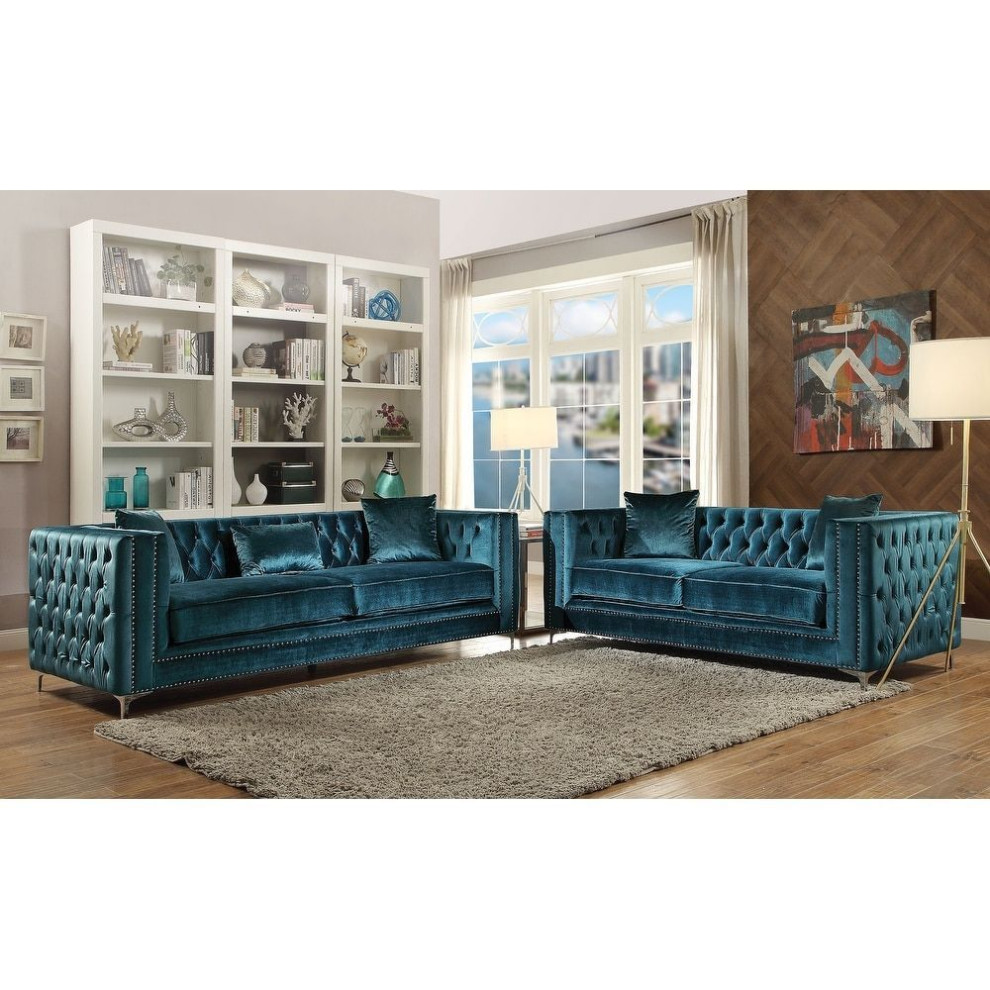 Gillian Loveseat With2 Pillows  Dark Teal Velvet   Midcentury   Loveseats   by Homesquare  Houzz