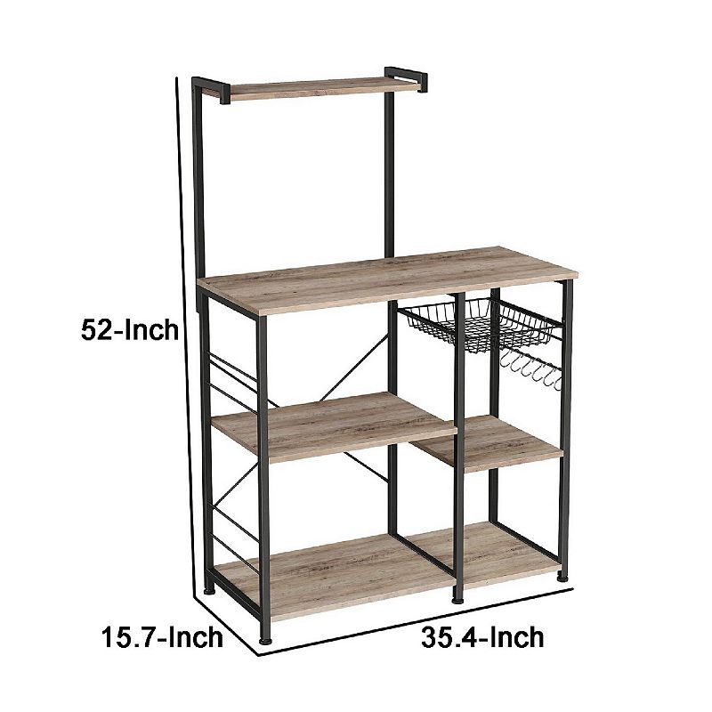 52 Inch Wood Bakers Rack， Kitchen Shelf， 6 Hooks， Workstation， Brown， Black