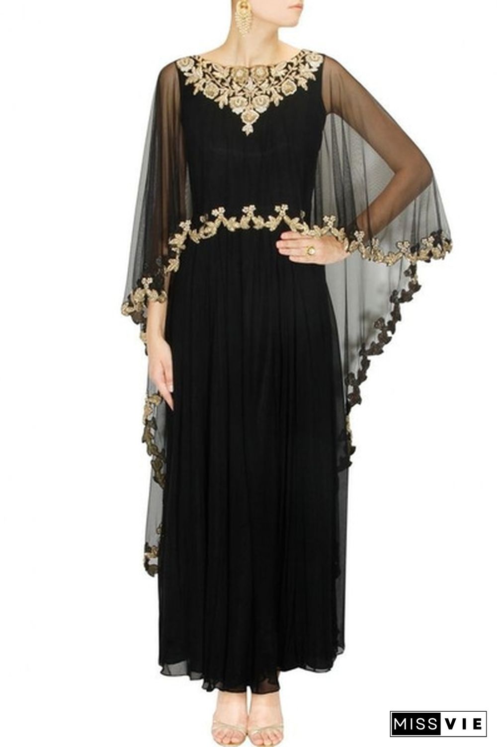 Women's Fashion Plus Size Chiffon Outerwear Patchwork Sexy Black Maxi Dress Prom Dress