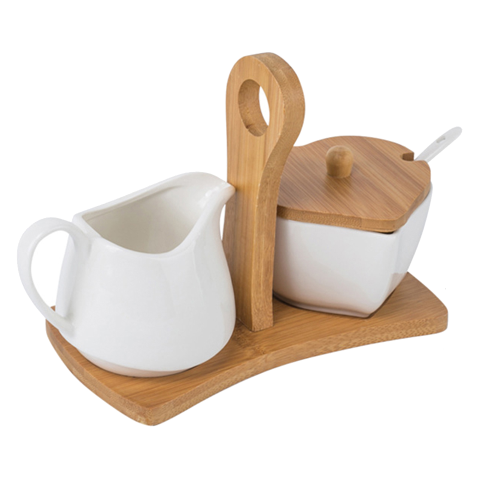 Tinksky Ceramic Sugar Bowl and Cream Pitcher Set with Bamboo Tray and Spoon for Home Hotel