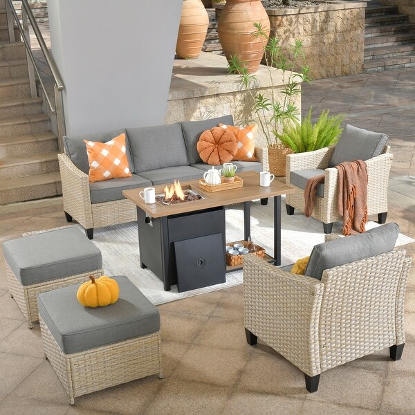 XIZZI 6Piece Outdoor Patio Wicker Furniture with Fire Pit Table