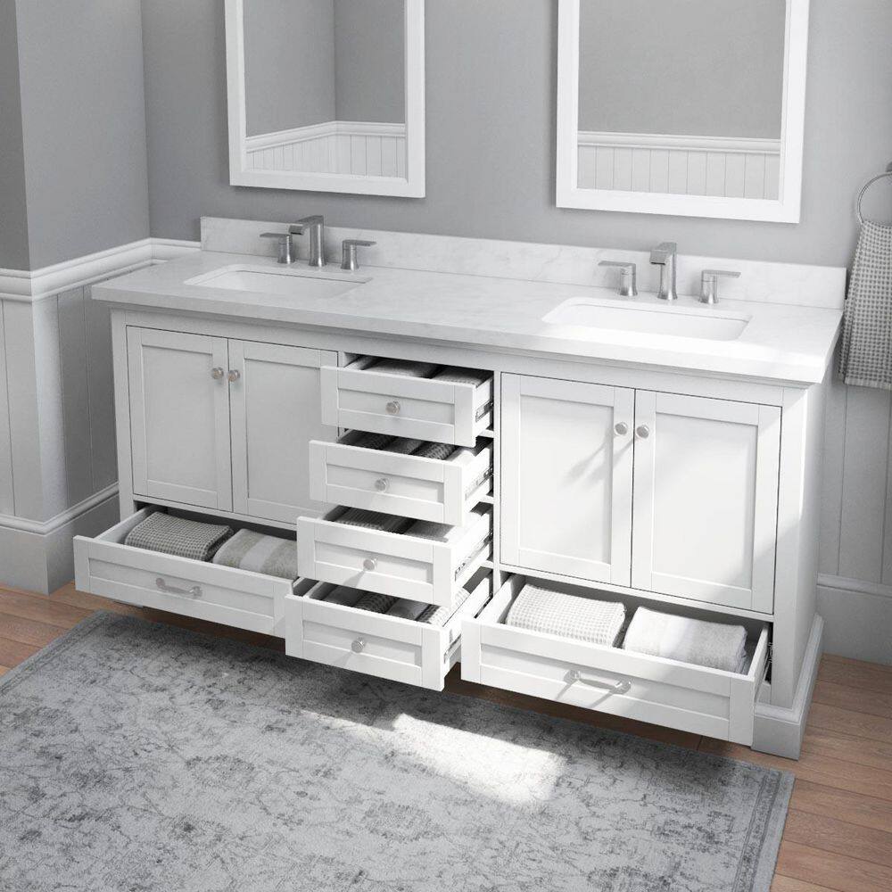 Home Decorators Collection Bluestern 72 in. W x 20 in. D x 34.5 in. H Bath Vanity in White with Lightly Veined Engineered Stone Top HDTD72VW