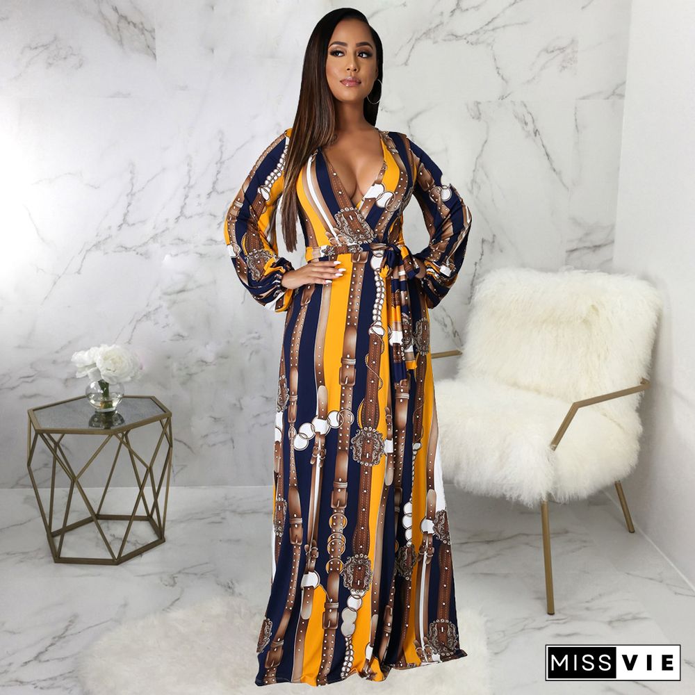 Elegant Summer Beach Floral Print Boho V-Neck Long Sleeve Sashes Women Big Hem Maxi Long Dresses