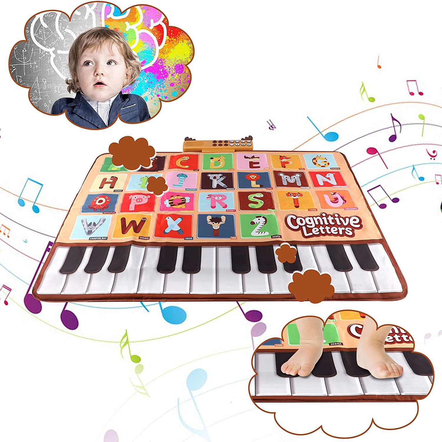 Allaugh Baby Piano Mat with 26 Letters，6 Instruments Sounds Animal Touch Keyboard Dance Mat， Floor Piano Mat Learning Toys for Boy Toddler -1pc