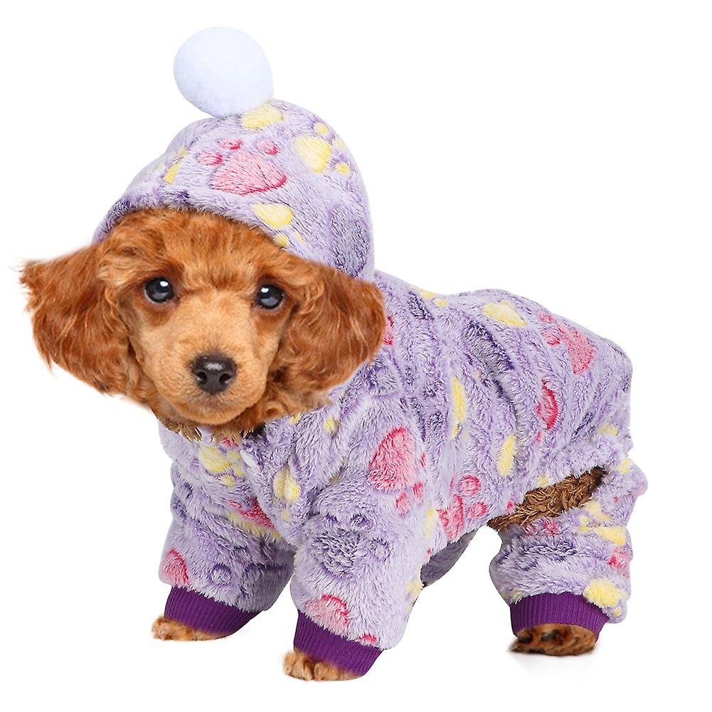 Autumn Winter Pet Clothes Jump Suit Warm Pajamas Clothing For Dogs Cats Small Animals Purple Dog Paw L