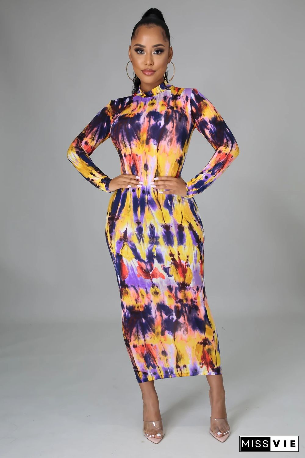 Tie Dye Printing Fashion Long Sleeve Round Neck Back Zipper Partywear Summer Bodycon Maxi Long Dress