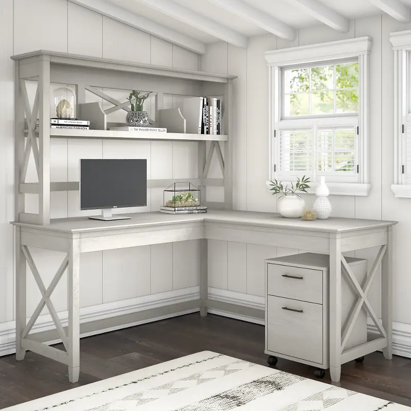 Key West Linen White Oak 60 Inch Desk with Hutch and File Cabinet - Bush Furniture