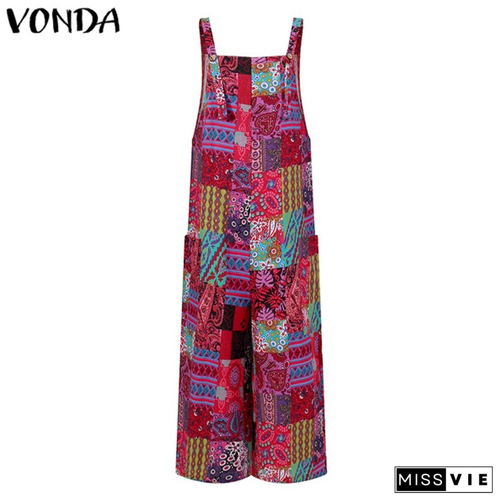 VONDA Women Sleeveless Floral Print Wide Leg Cotton Bib Pants Holiday Summer Party Jumpsuits Overalls Plus Size Dungarees Pants