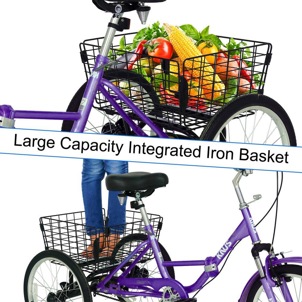 20 in. 3 Wheel Adult Foldable Tricycle Purple Bicycle with Shopping Basket TN131E-112