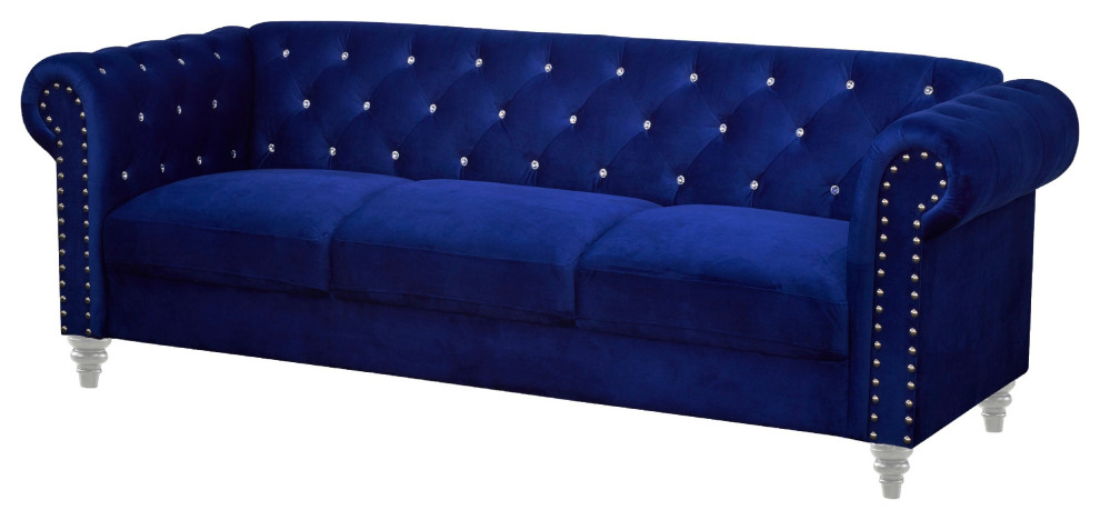 Benzara BM271909 Ben 83 quotVelvet Sofa With Crystal Tufted Back  Royal Blue   Eclectic   Sofas   by Uber Bazaar  Houzz