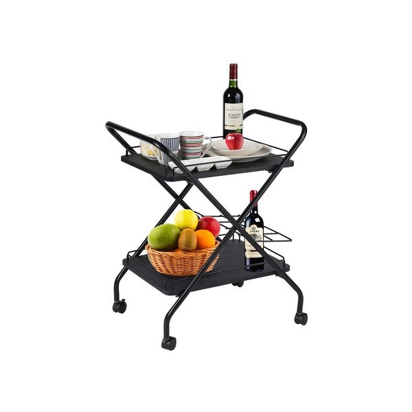 2-Tier Rolling Utility Cart with Wheels， Metal Bar Service Car With Wine Rack， Lockable Wheel， Multi-Functional Storage Rack