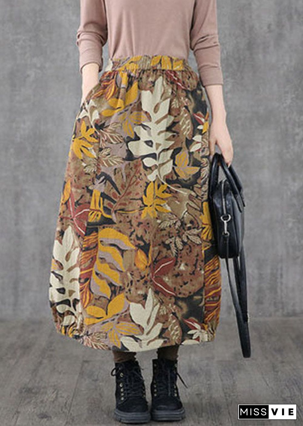 Plus Size Khaki pockets print A Line Skirts Spring