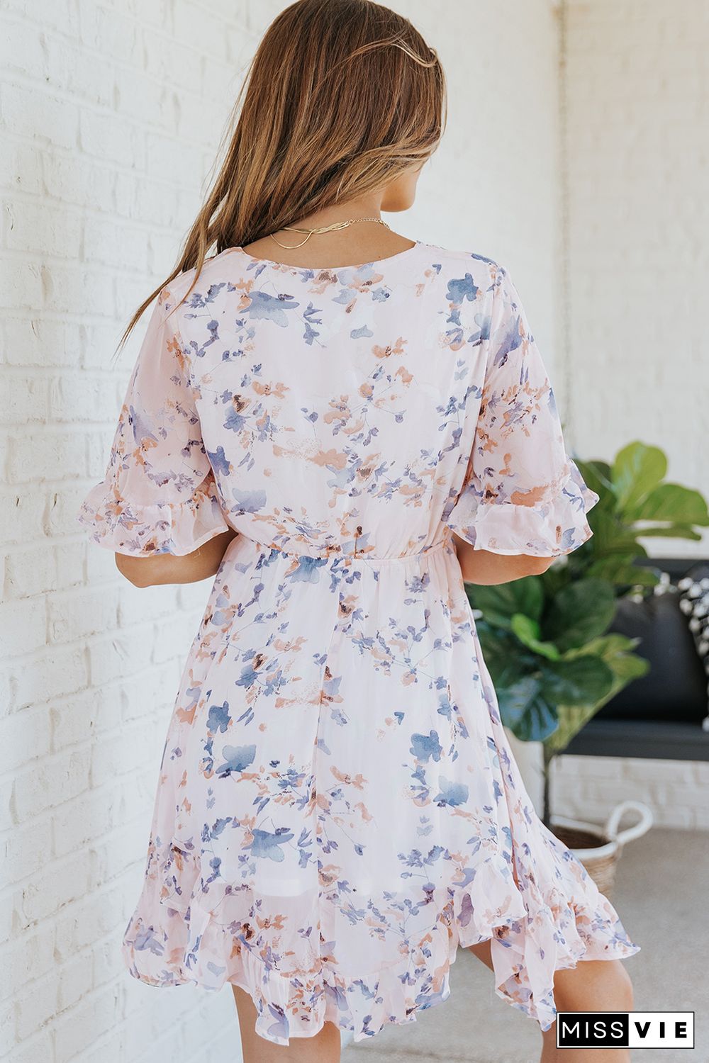 Pink Floral Print Flared Sleeve Ruffle Dress