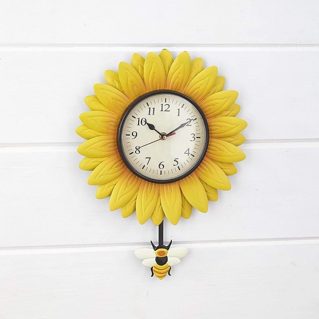 Skymall Sunflower Silent Wall Clock Battery Operated Pendulum Analog Wall Clock With Bee Design