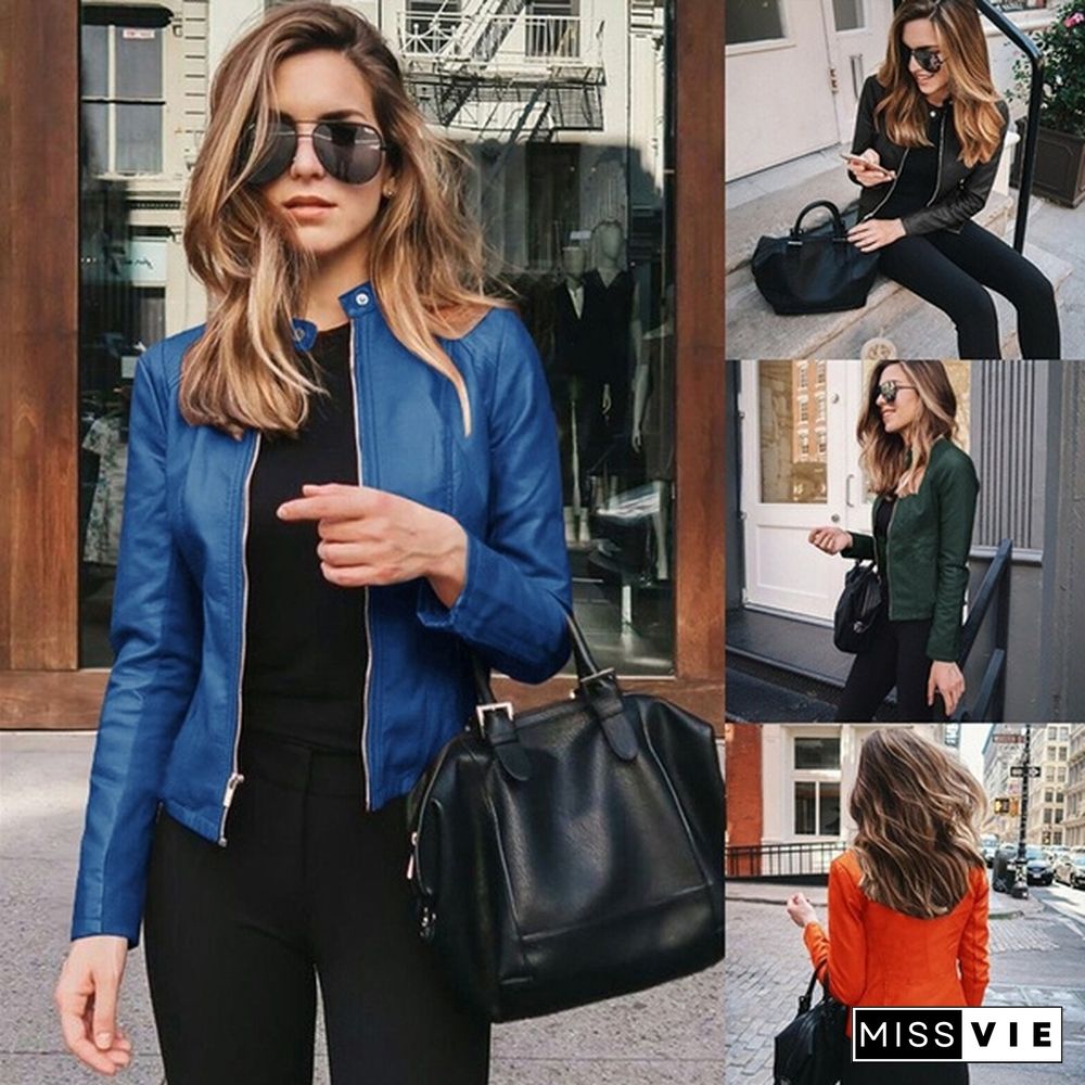 Women Spring Zipper Casual PU Leather Soft Motorcycle Leather Jacket Coat