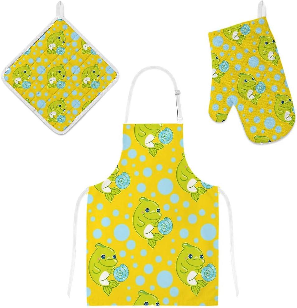 Insulation Kitchen Oven Mitts Potholder Apron 3pcs Set Magic Green Dolphin Non Slip Heat Resistant Gloves For Baking Cooking Bbq