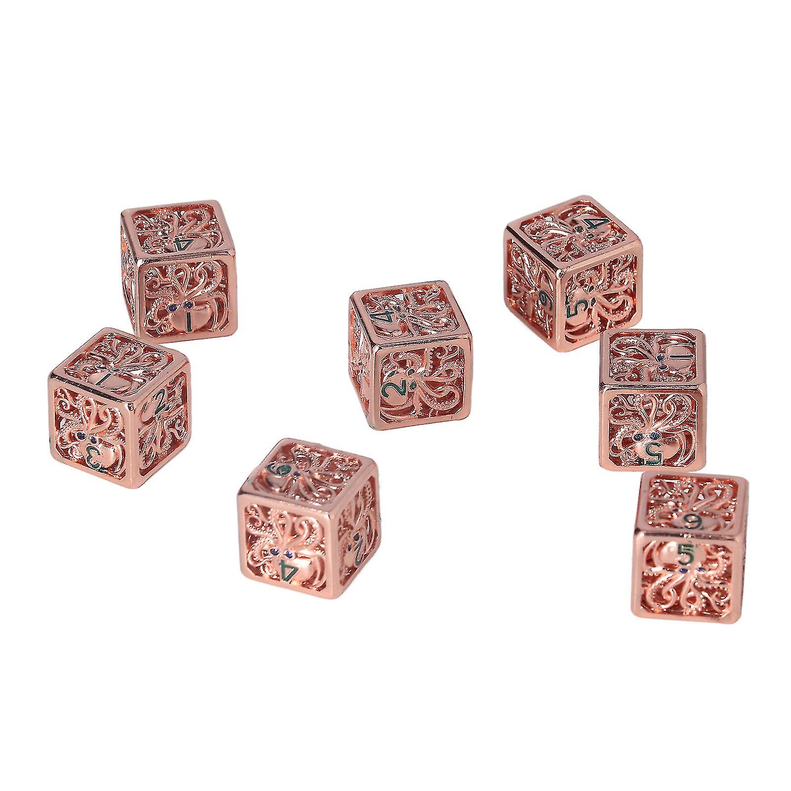 7pcs Hollow Octopus Carved Pattern Dice Holiday Party Square Metal Dice Set Props for Role Playing Games Antique Red Copper