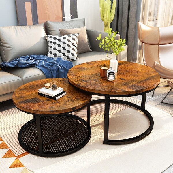 Stylish Round Coffee Table Set Nesting Coffee Tables with Metal Frame and 1 Metal Mesh Shelf (Set of 2)