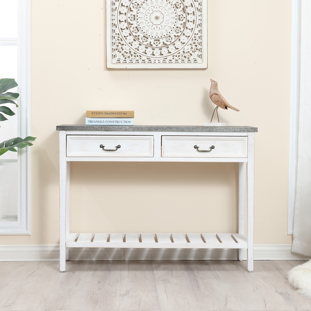 Farmhouse Distressed White Wood and Galvanize Top Console Table   31.5\