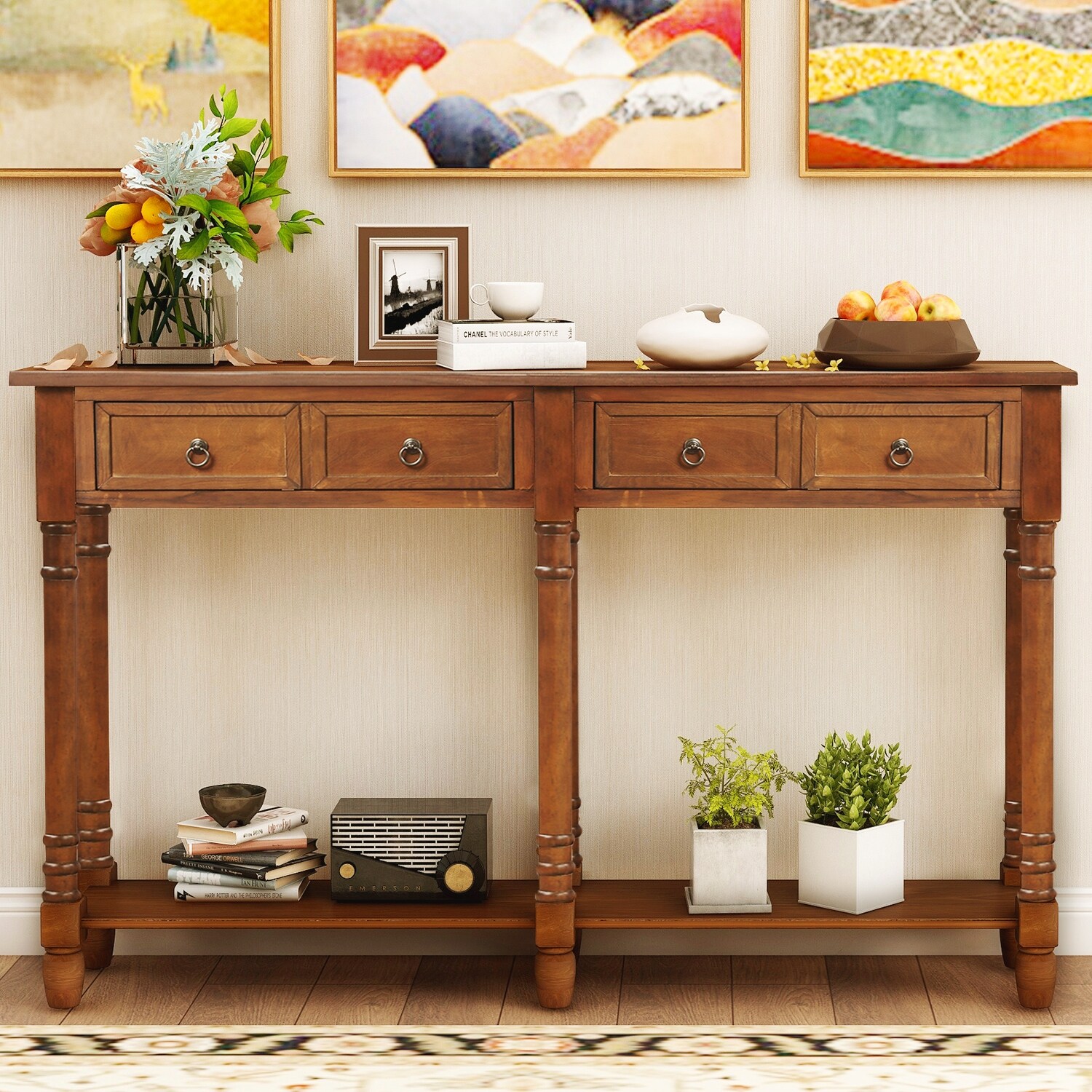 Nestfair Rectangular Console Table with Drawers and Shelf