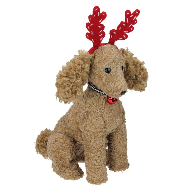 Plush Tan Bichon Fris Puppy Dog With Red Antlers Christmas Decoration