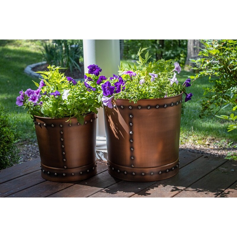 Unique Large Riveted Bronze Planter Set of 2 for Outdoor or Indoor Use  Garden  Deck  and Patio