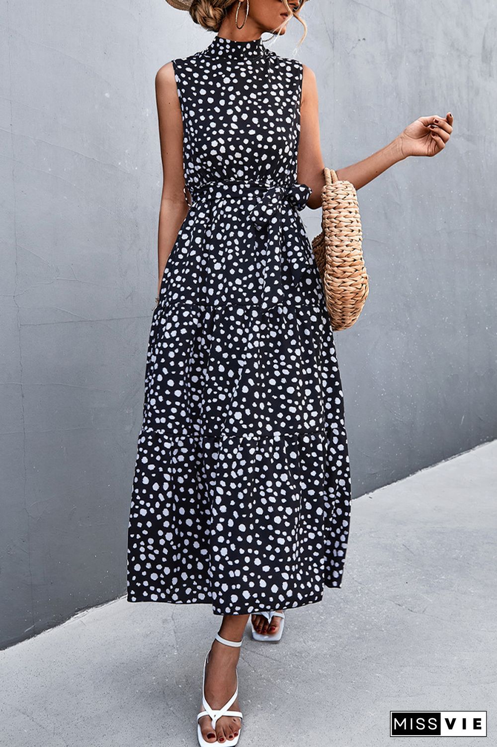 Sleeveless Leopard Printed Long Dress With Belt Wholesale