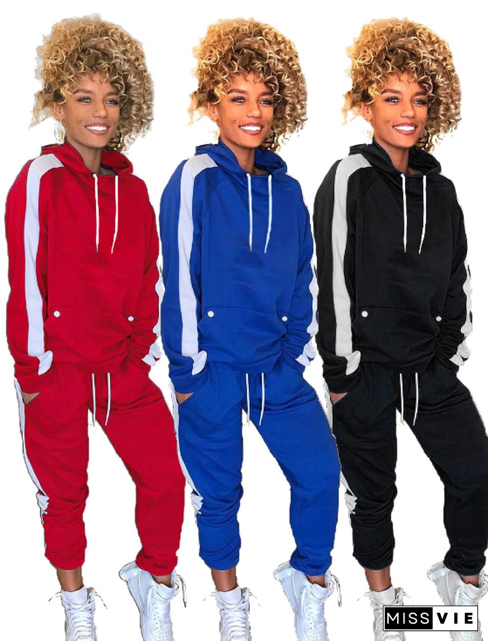 Women Side Stripe Hoodie Sweatshirt Top Pants Sports Jogging Suit