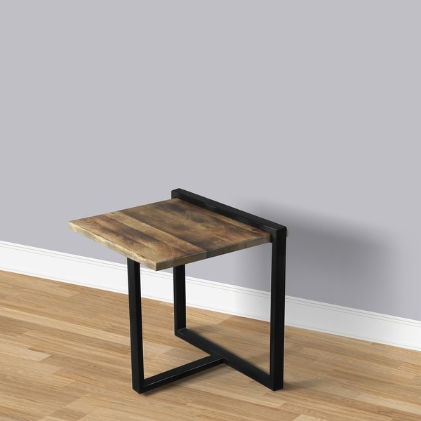 Industrial End Table with Wooden Rectangular Top and Metal Frame， Brown and Black