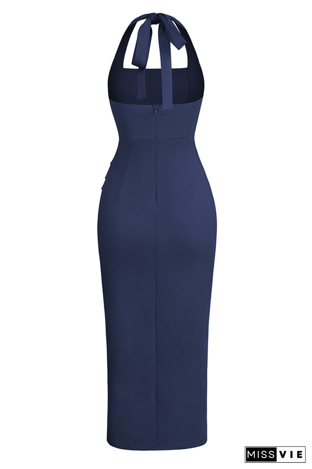 Halter Backless Ruched High Split Midi Dress