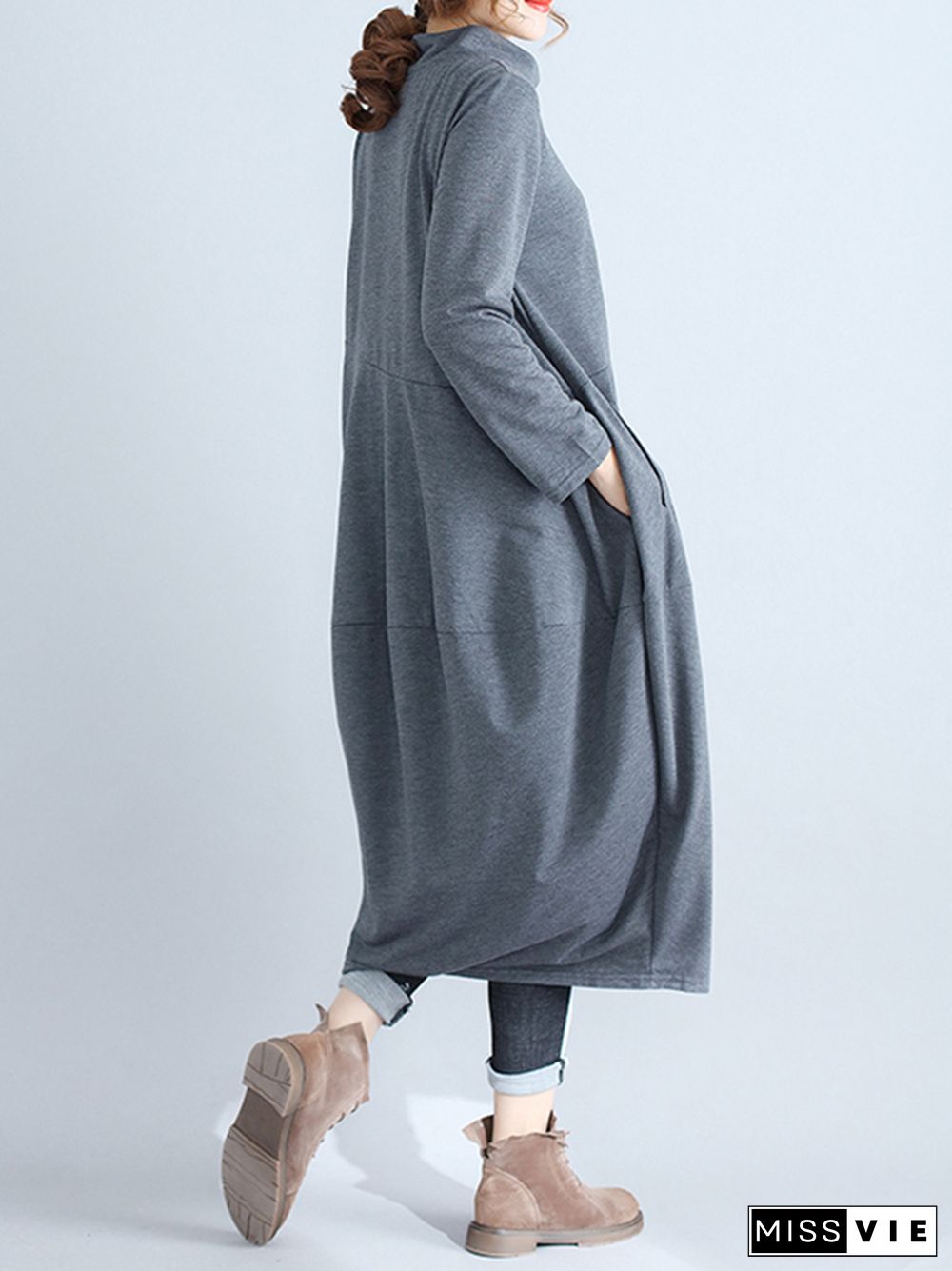 Casual Loose Plus Size Solid Color Hooded Midi Dresses