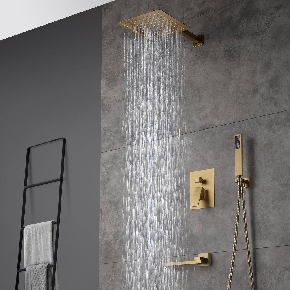 CASAINC 1-Spray Patterns 3-Function 10 in. Wall Mounted Dual Shower Heads with Handheld and Tub Faucet in Brushed Gold M6201-A-10-BG