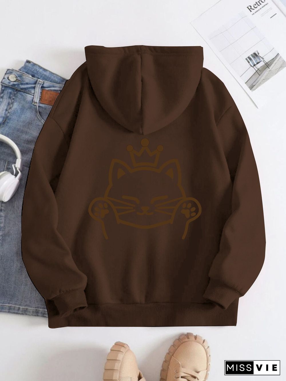 Printed on the Back Kangaroo Pocket Hoodie Long Sleeve for Women Pattern Cat wearing a crown