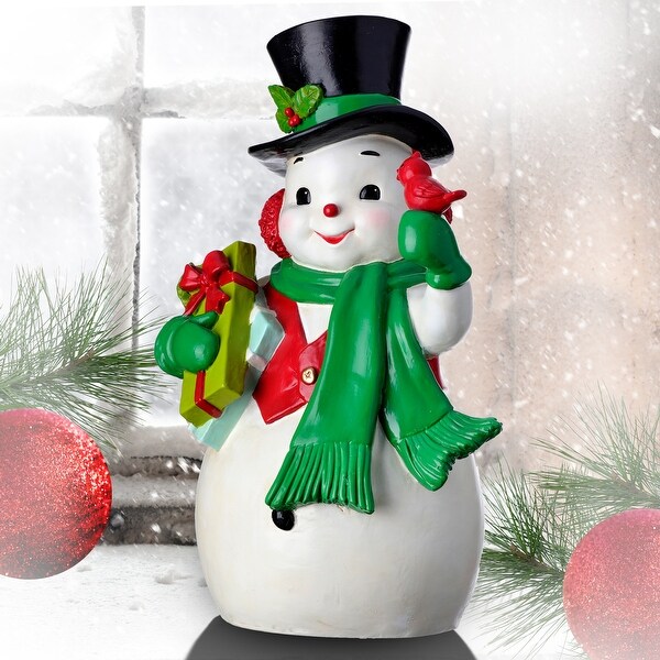 13.5 Resin Snowman Holding Gifts and Cardinal