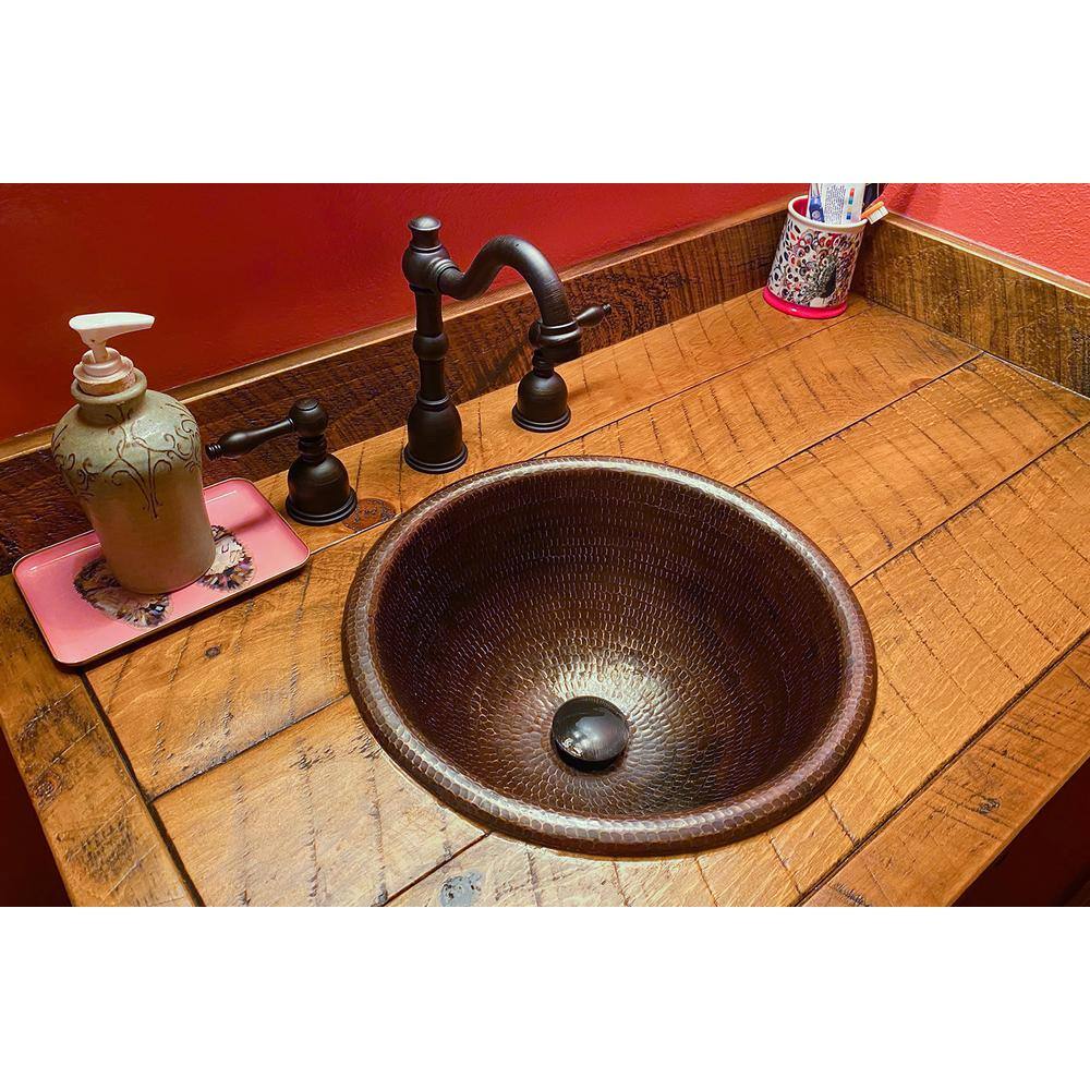 Premier Copper Products Self-Rimming Small Round Hammered Copper Bathroom Sink in Oil Rubbed Bronze LR14RDB