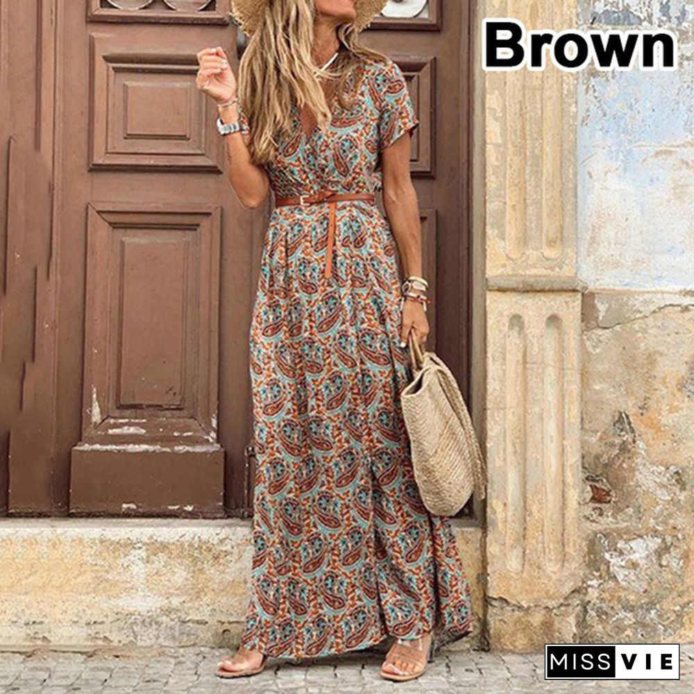 Summer Women's Fashion Retro Floral Elegant Dress Ladies Loose Casual Long Dress One-piece Bohemian Dress with Free Belt