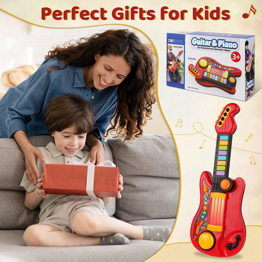 Zmoon Kids Electric Guitar Toy for Boys Girls， 2 in 1 Electric Toy Guitar Piano with Music and Light Musical Instrument Toys for Toddler 2 3 4 5 6 Years Old Gift， Red