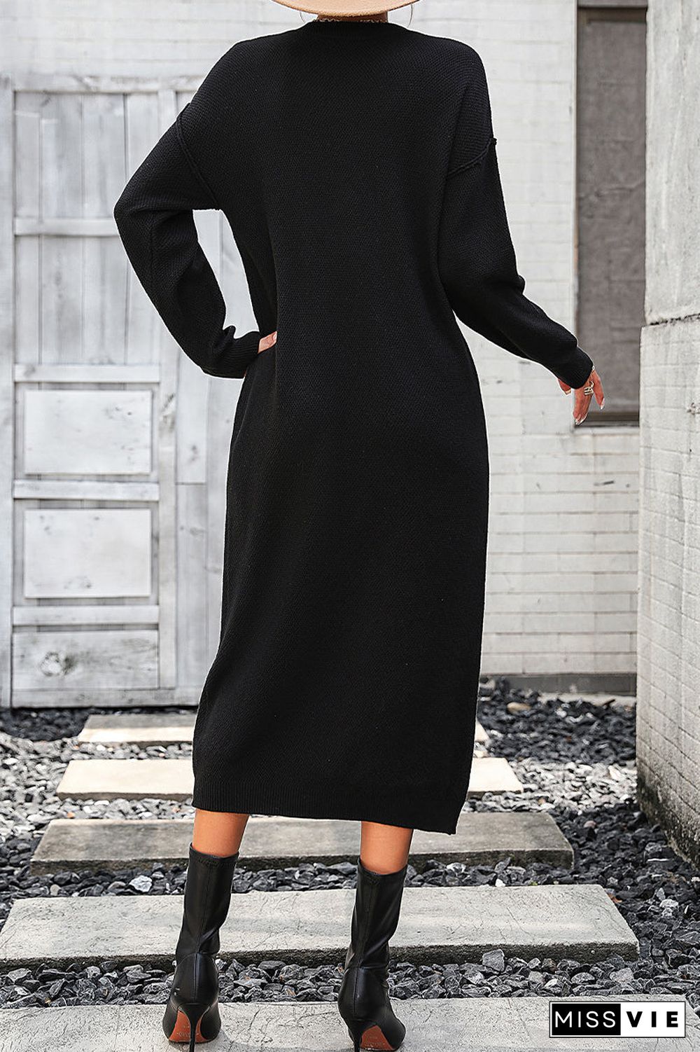 Elegant Solid Buckle O Neck Long Sleeve Dresses