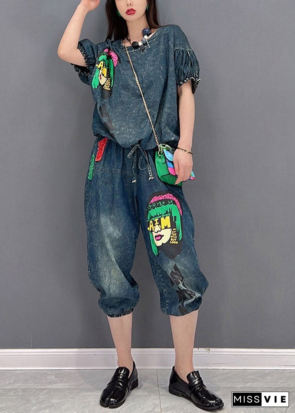 Handmade Blue O-Neck wrinkled Appliques Denim tops and pants Two Piece Set Women Clothing Short Sleeve