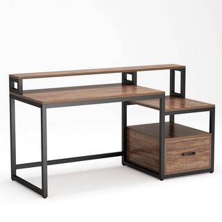 BYBLIGHT Havrvin 61 in. Rectangular Rustic Brown Engineered Wood One Drawer Computer Desk with Two Open Shelf BB-C0157XF