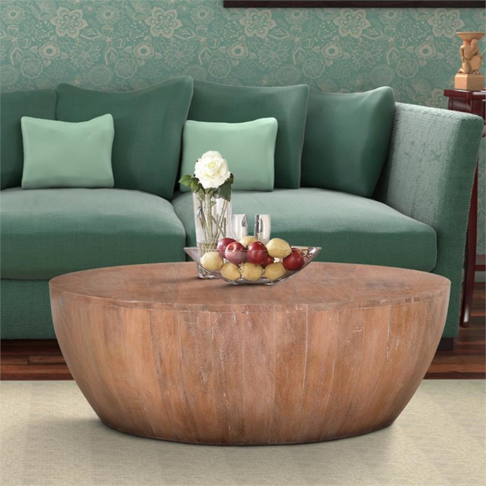 Atlin Designs Modern 35.5 quotDrum Shaped Wood Coffee Table in Brown   Farmhouse   Coffee Tables   by Homesquare  Houzz