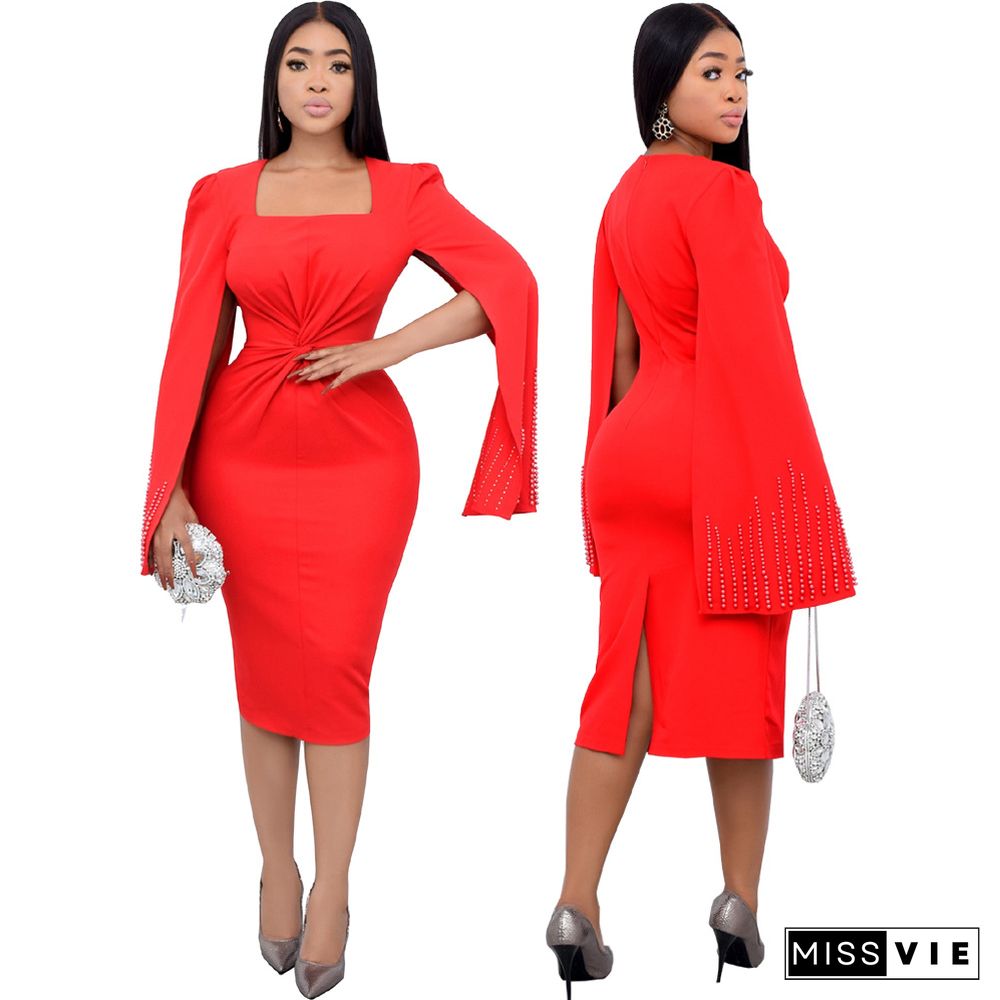 Elegant Beading Cape Sleeve Bodycon Midi Dress