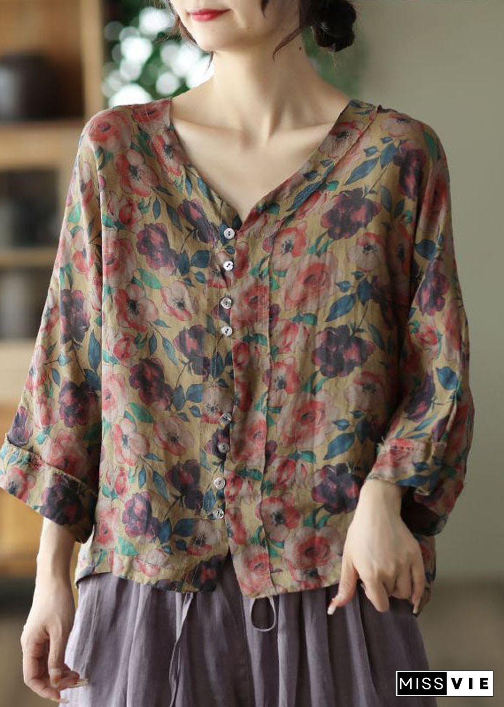 Casual Coffee V Neck Print Linen Shirt Tops Summer