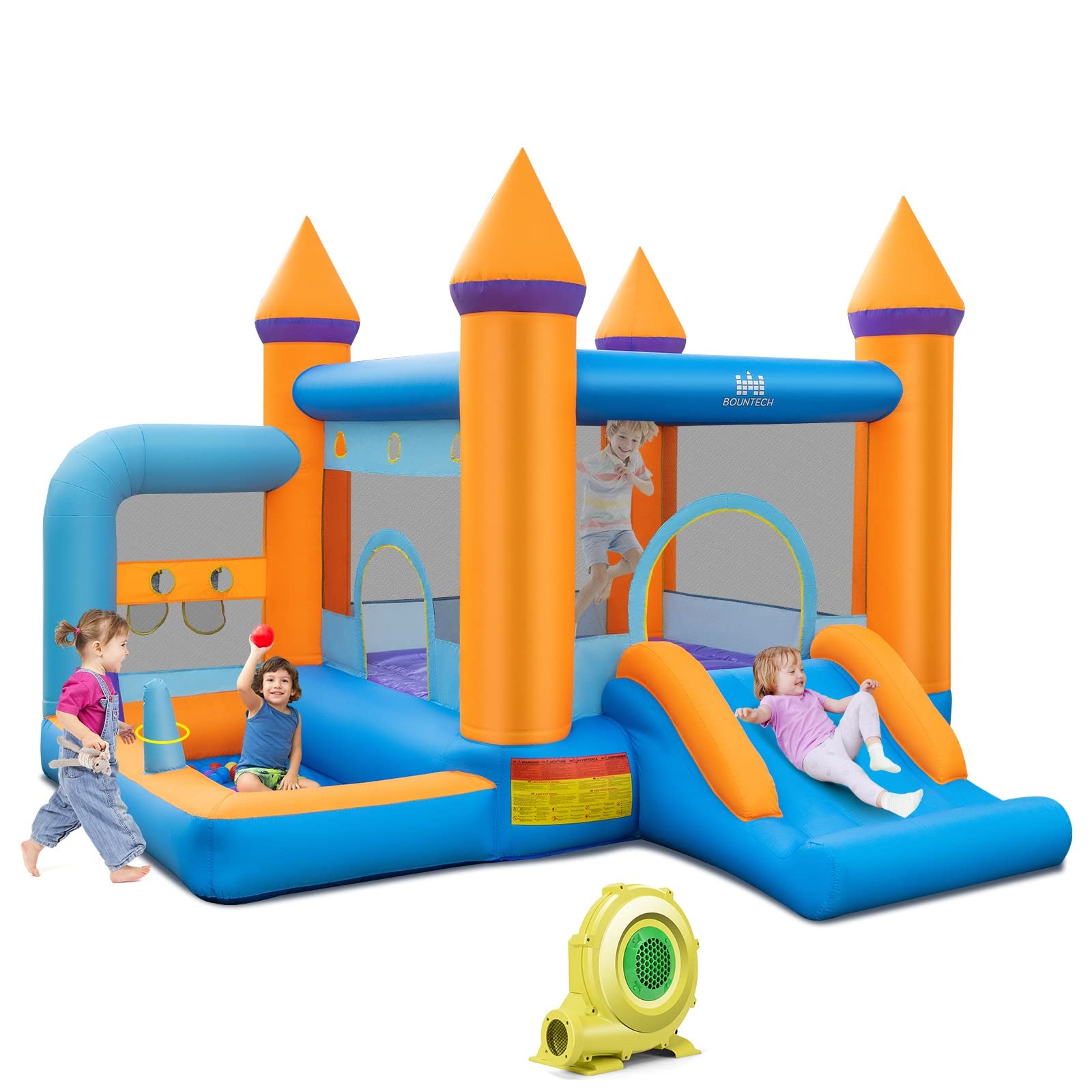 BOUNTECH Inflatable Bounce House, Bouncy House for Toddler Kids 5-12 Backyard Party Fun w/735W Blower, Basketball Hoop, Ball Throwing