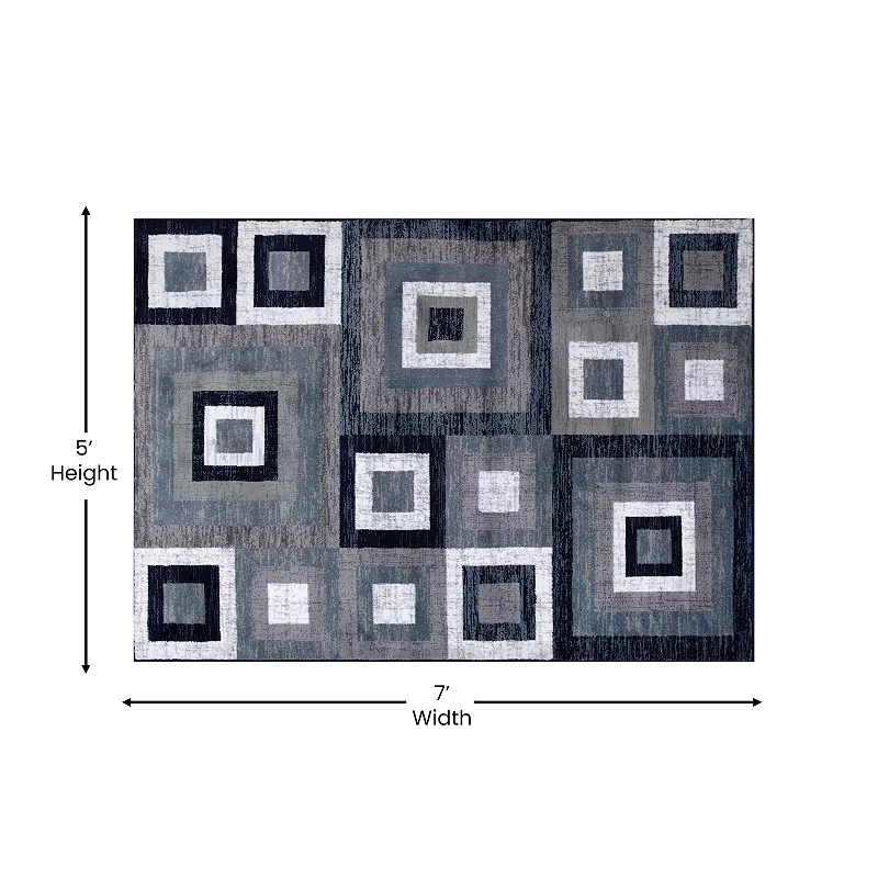 Masada Rugs Newton Collection Modern 5'x7' Accent Rug with Geometric Square Pattern in Blue， Gray and White